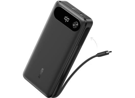 Anker Power Bank, 20,000mAh Travel Essential Portable Charger with Built-in USB-C Cable, 3-Port 87W Max Fast Charging Battery Pack, for MacBook, iPhone 16/15 Series, Samsung, Switch, and More - Black